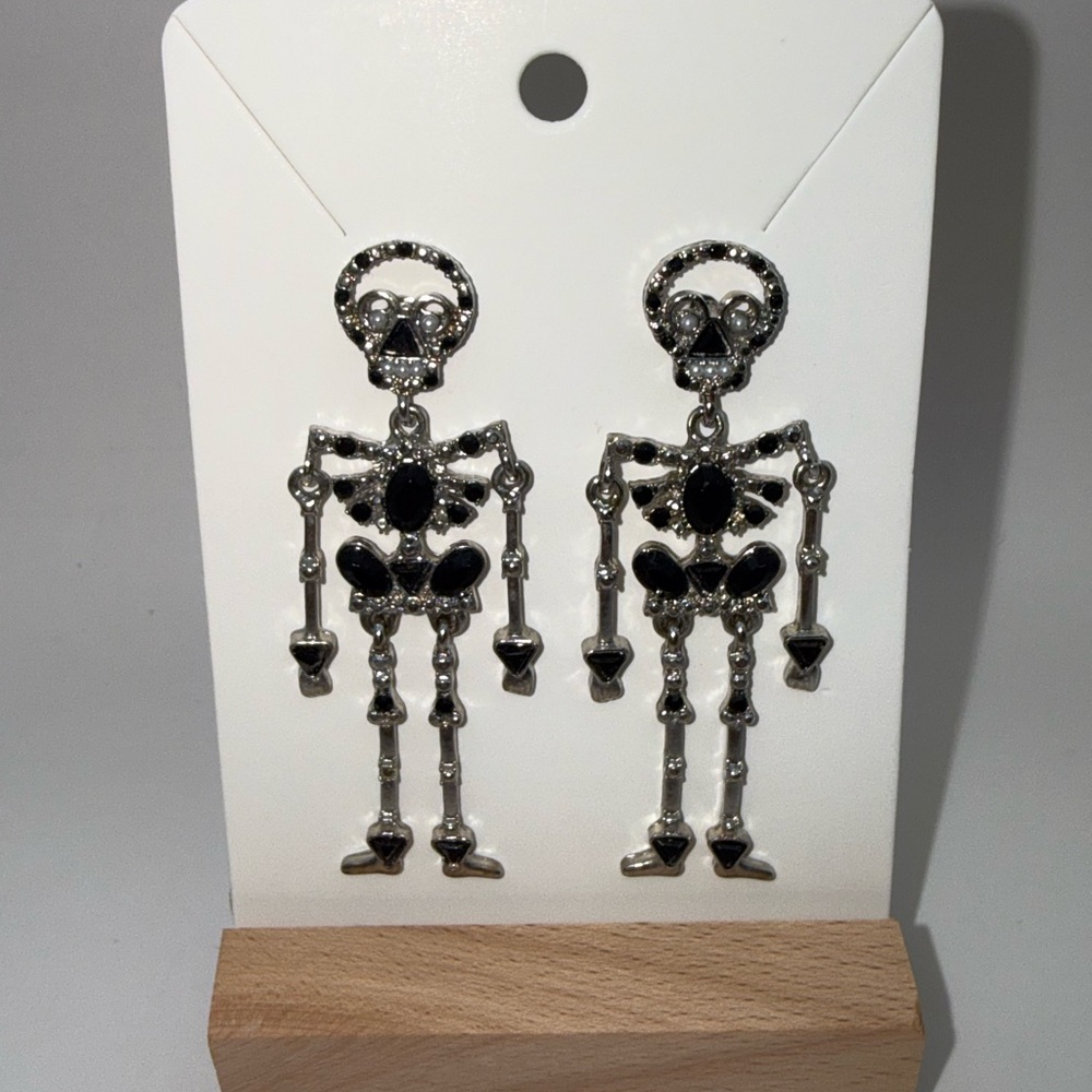 Skeleton Dangle Earrings Black Silver Gothic Halloween Statement Jewelry